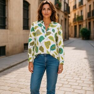 Herzens Angelegenheit Leaf Print Split Neck Silk Blouse